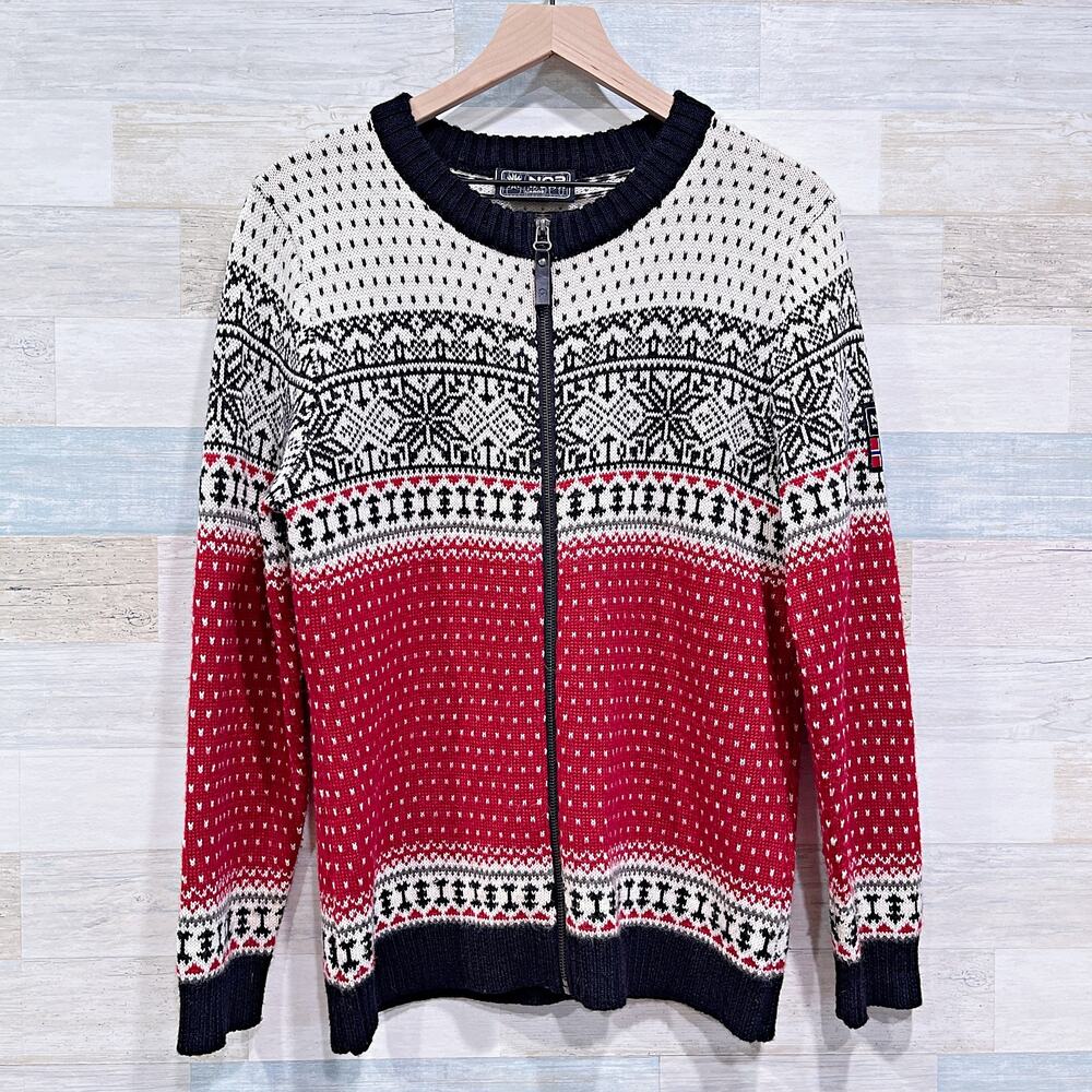 NORWEAR Vintage Wool Nordic Full Zip Ski Sweater Red Black Womens Large